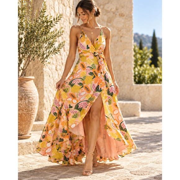 Hutch Dresses & Skirts - Anthropologie Hutch High-Low Wrap Dress Tropical Fruit Print Pink L